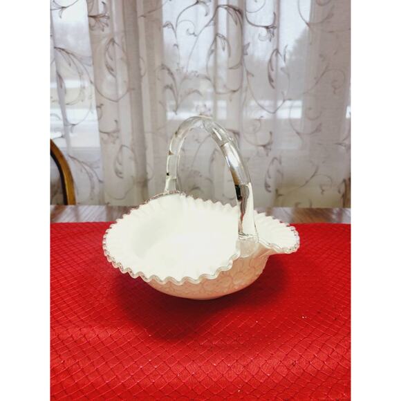 Vintage Fenton Spanish Lace Silver Crest Basket, Milk Glass Bamboo Handle, 10" - Picture 1 of 5